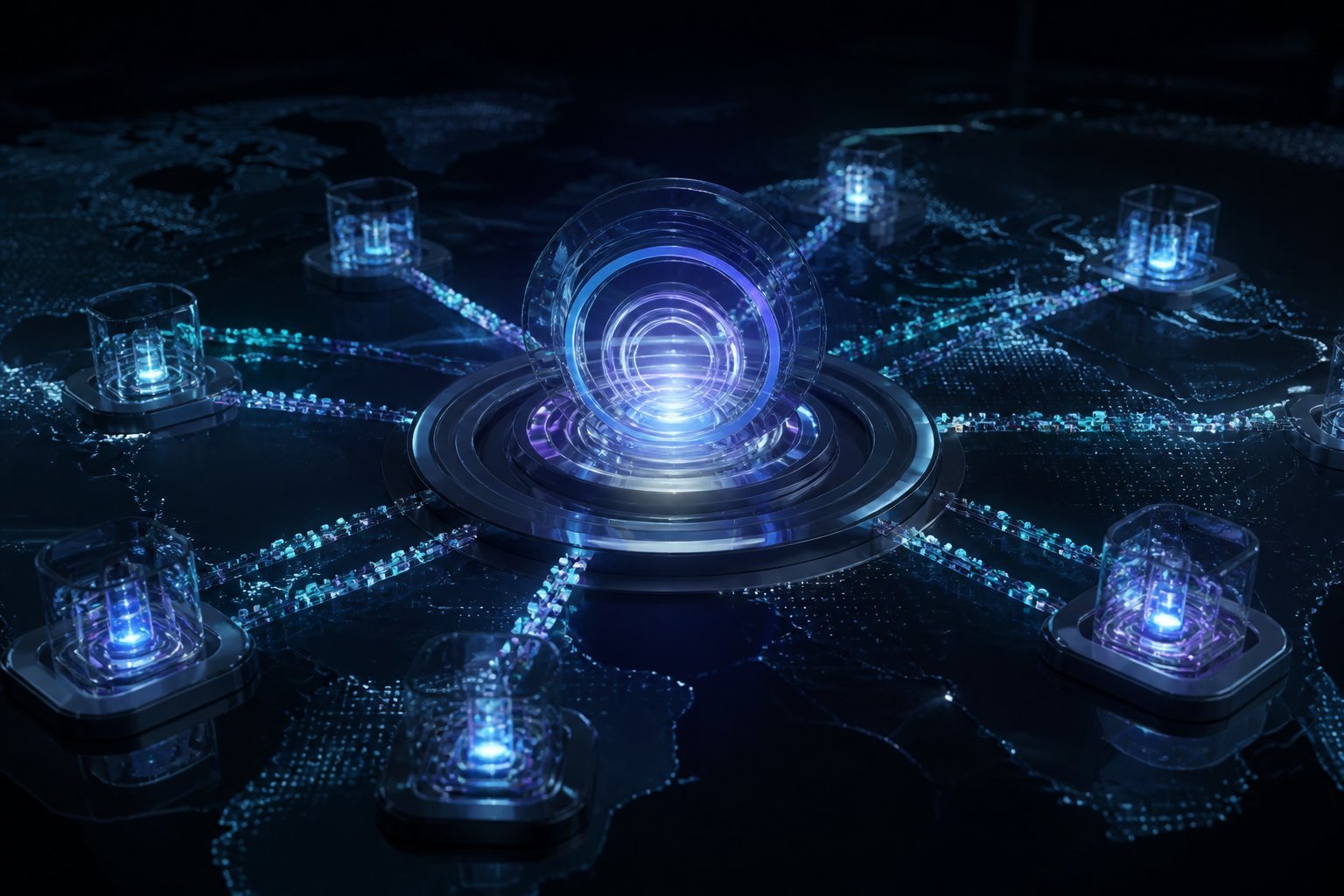 A glowing digital gateway connects multiple nodes across a global network.