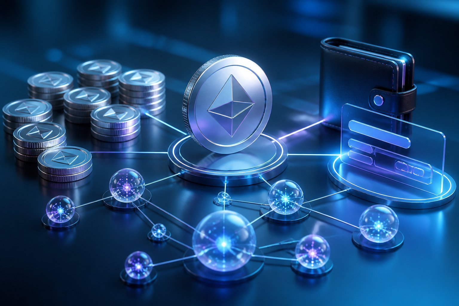 A metallic digital token connected to a network of glowing nodes, wallets, and other tokens.