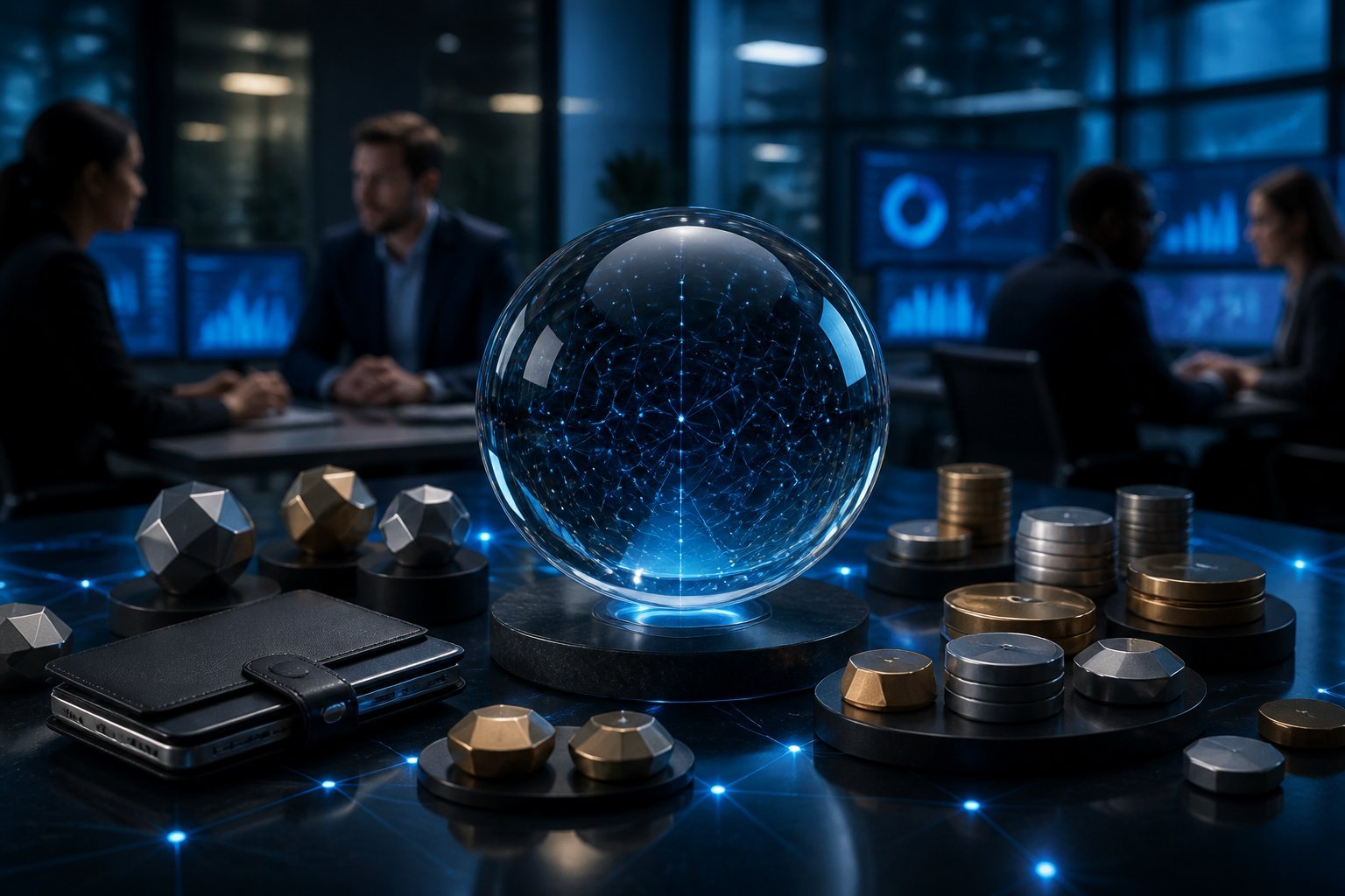 Professionals collaborate around a glowing portal surrounded by digital tokens, connected nodes, and blockchain technology.