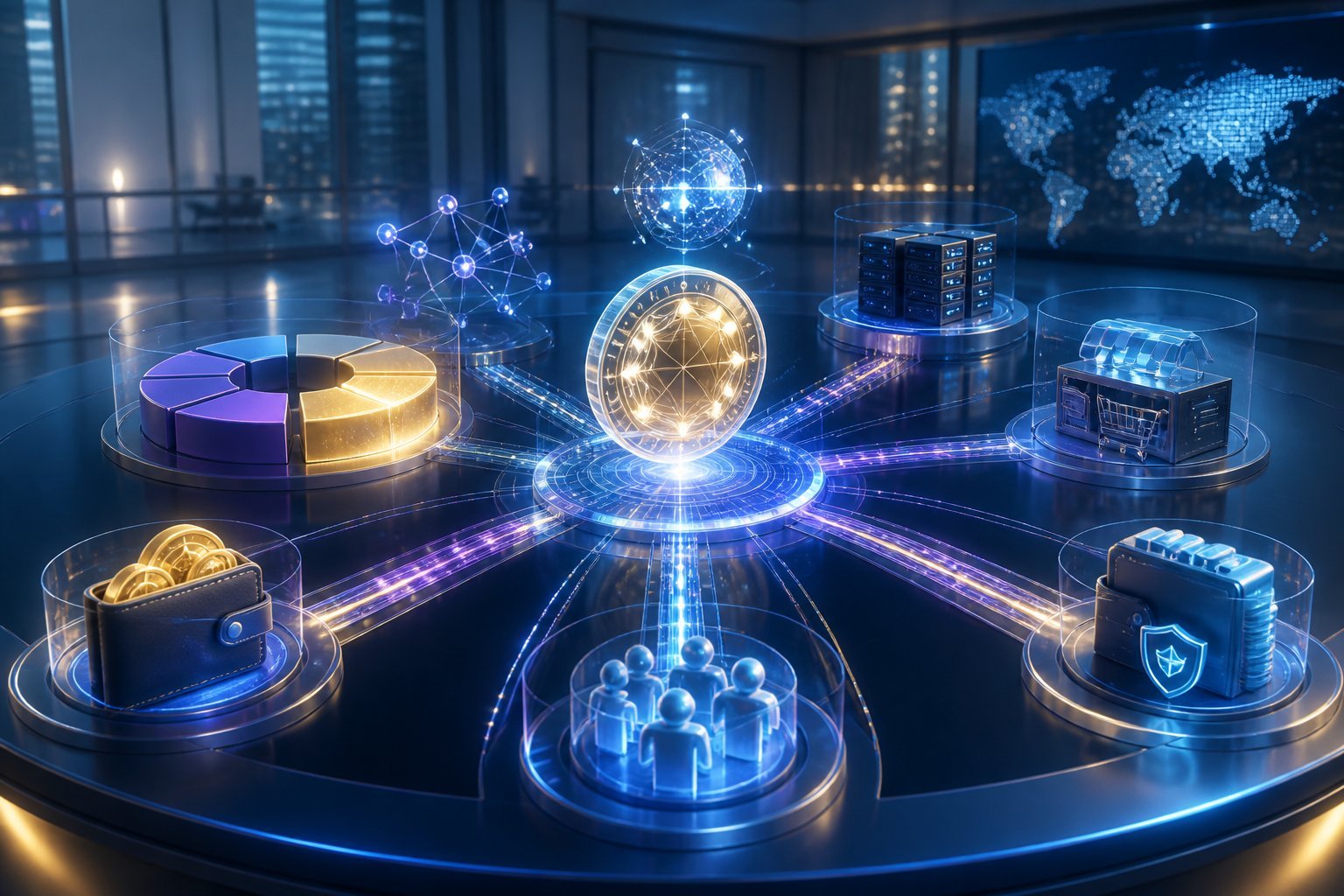 A digital network hub distributes glowing tokens through connected channels to wallets, applications, marketplaces, and global users.