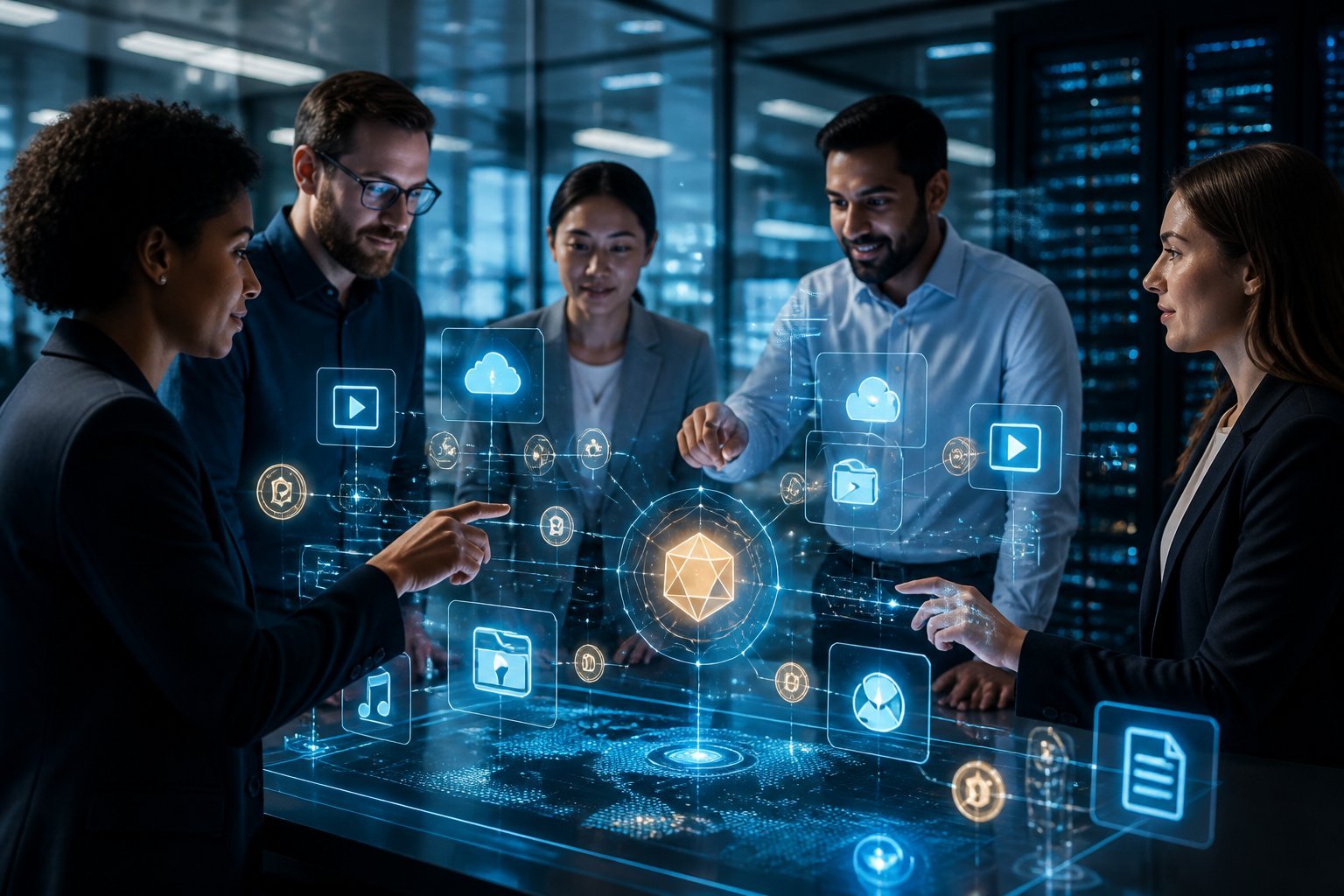 Professionals collaborate around a digital network showing secure content sharing, data exchange, payments, and distributed storage.