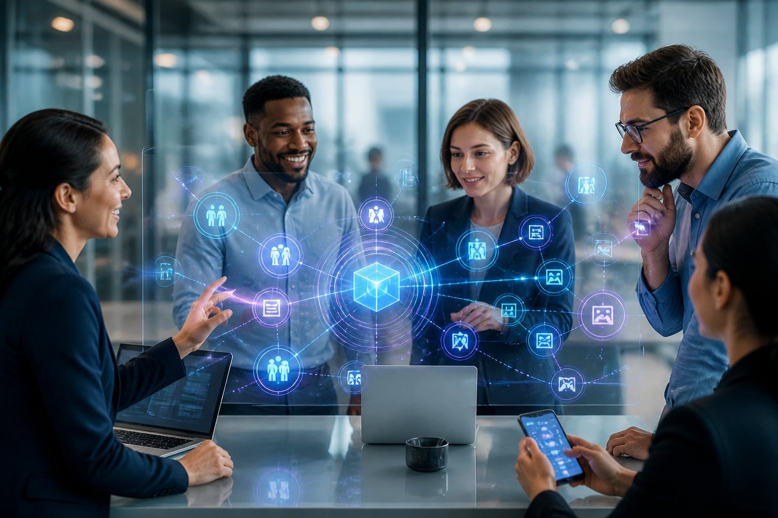 Business professionals explore a digital network interface showing connected users, secure transactions, and online services.