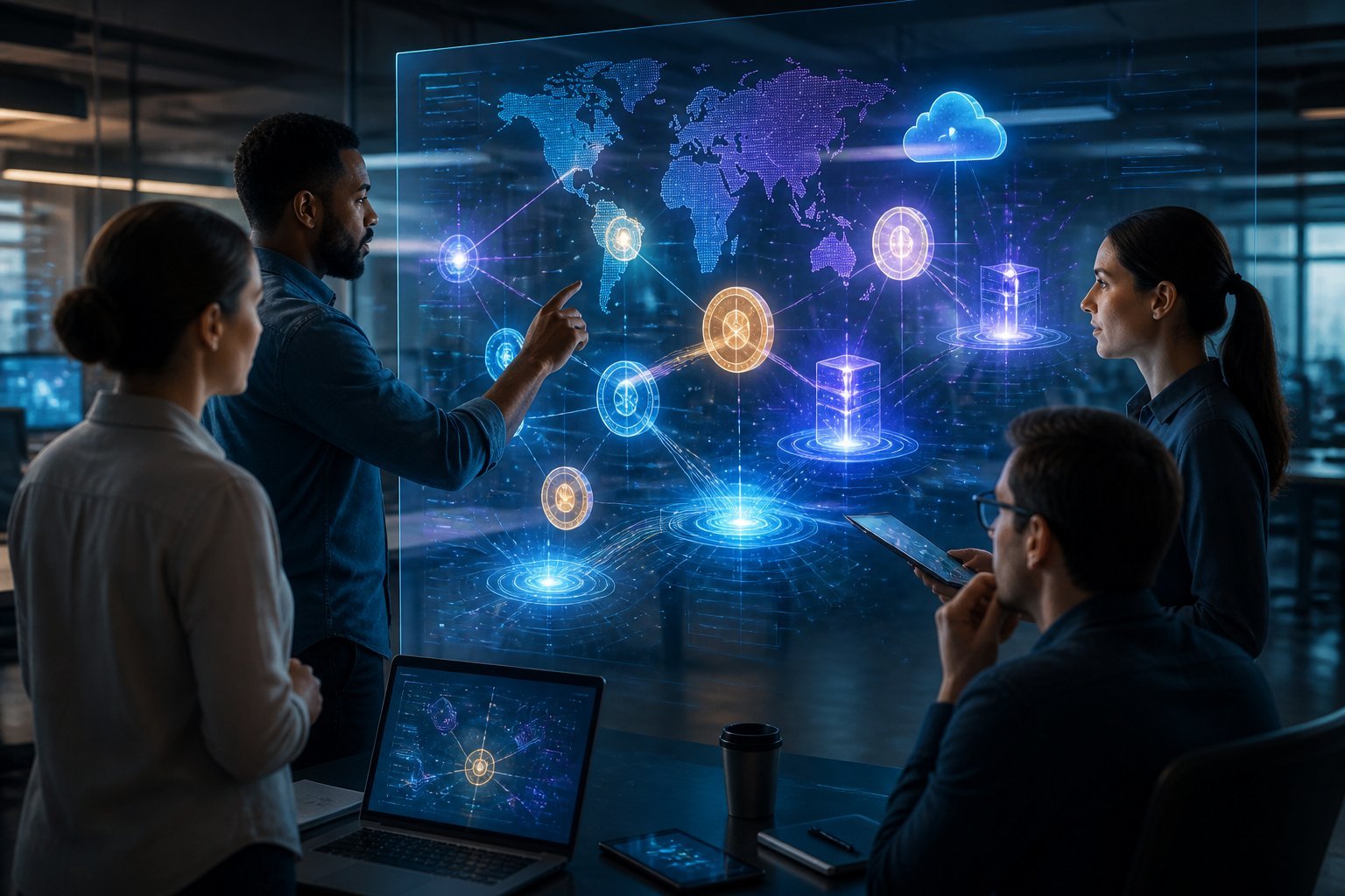 Professionals collaborate around a digital network interface connecting portals, data systems, and glowing abstract tokens.