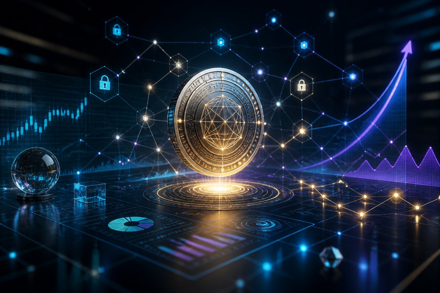 A glowing digital token surrounded by connected network nodes, market charts, and futuristic financial technology elements.