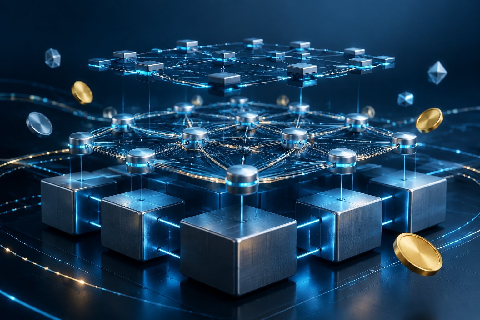 A layered network of connected digital nodes and pathways.