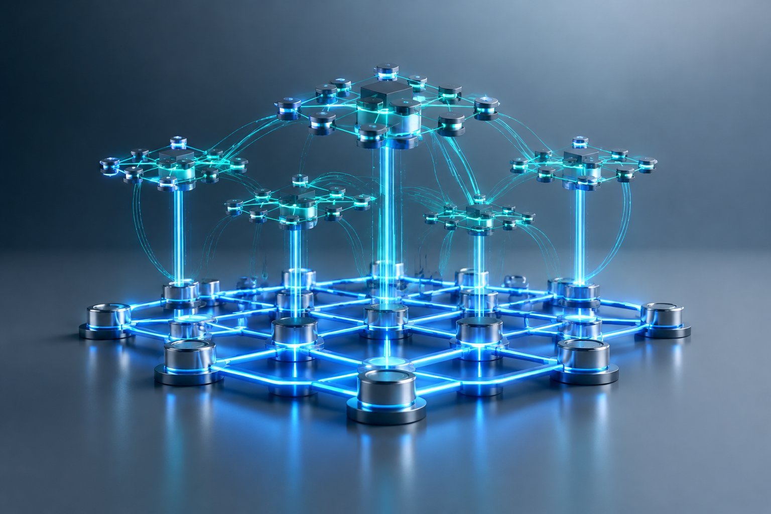 A foundational network of connected nodes supports several smaller networks above it.